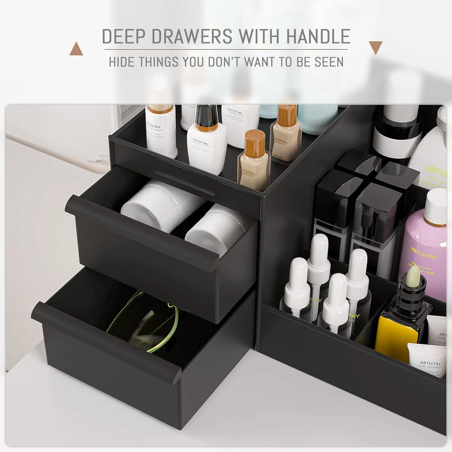 Cosmetic Organizer Box Drawers Storage Plastic Stationary Box | Make Up Organiser For Women (Black)